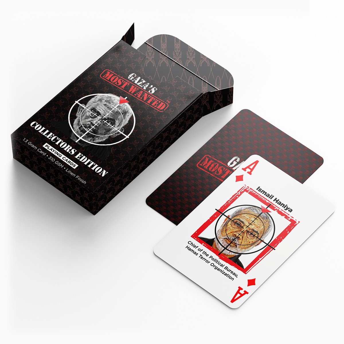 Custom deck of cards with insights on Gaza's current terror threat, including the role of Israel, Hamas, and the Israel defense forces.