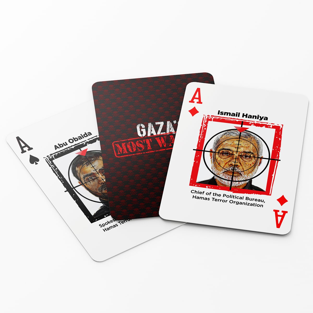 Illustrated deck of cards showcasing Gaza's Hamas terrorists, focusing on the IDF's role in eliminating the threat to civilization.
